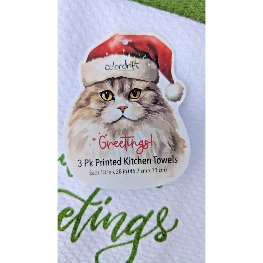 Colordrift CHRISTMAS Kitchen Towels Set of 3 Tabby Cat Kitten Seasons‎ Greetings